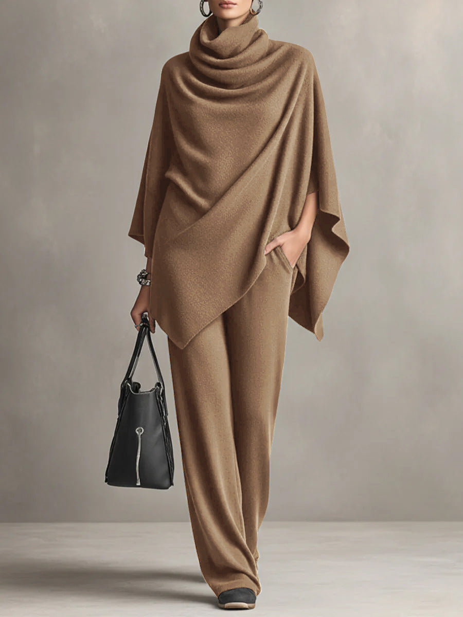 Asymmetric Cowl Neck Poncho Top & Wide-Leg Pants Set