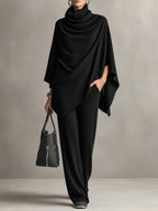 Asymmetric Cowl Neck Poncho Top & Wide-Leg Pants Set