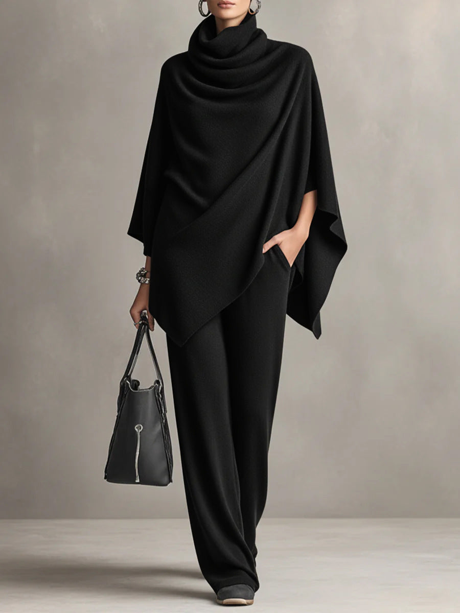 Asymmetric Cowl Neck Poncho Top & Wide-Leg Pants Set