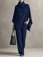 Asymmetric Cowl Neck Poncho Top & Wide-Leg Pants Set