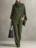Asymmetric Cowl Neck Poncho Top & Wide-Leg Pants Set