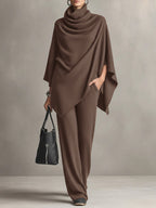 Asymmetric Cowl Neck Poncho Top & Wide-Leg Pants Set