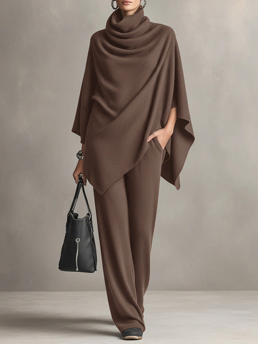 Asymmetric Cowl Neck Poncho Top & Wide-Leg Pants Set