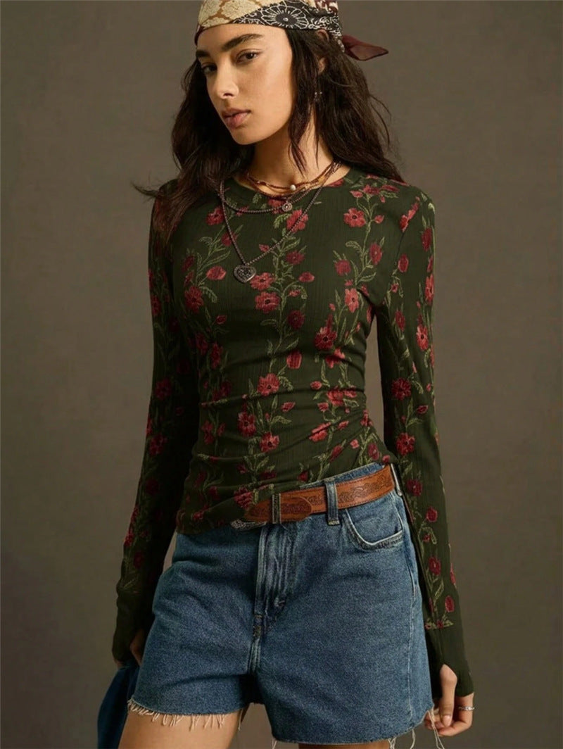 Floral Ribbed Long Sleeve Fitted Top