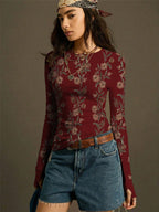 Floral Ribbed Long Sleeve Fitted Top