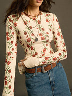 Floral Ribbed Long Sleeve Fitted Top