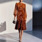Floral Print Velvet Midi Dress with Sheer Balloon Sleeves