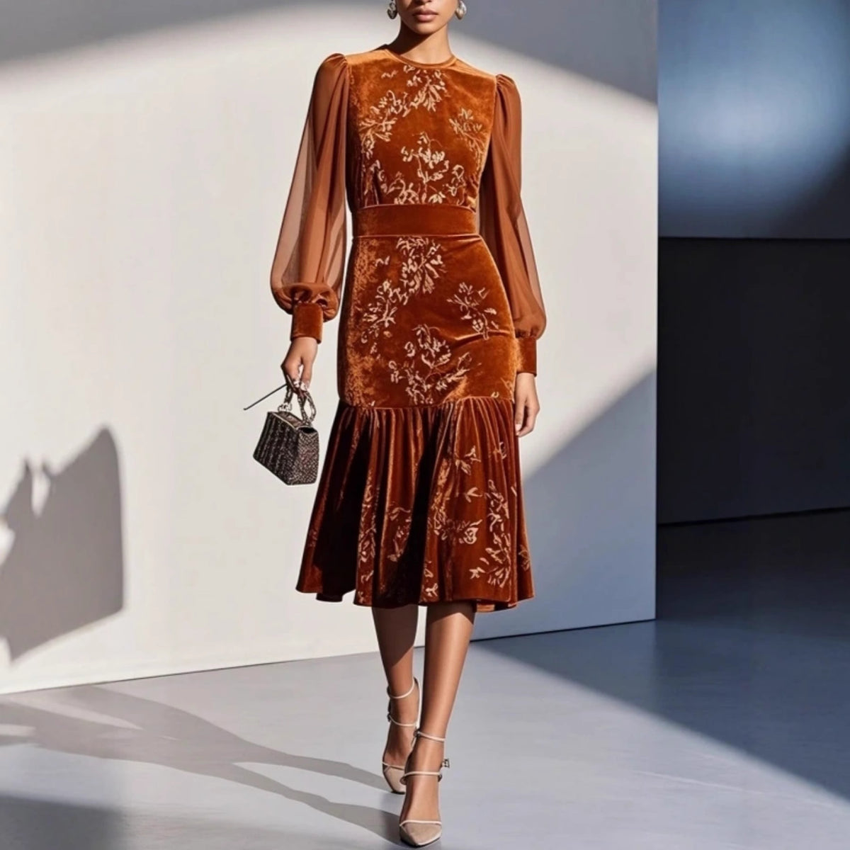 Floral Print Velvet Midi Dress with Sheer Balloon Sleeves