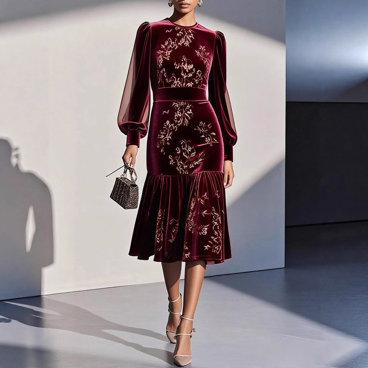 Floral Print Velvet Midi Dress with Sheer Balloon Sleeves