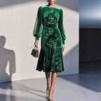 Floral Print Velvet Midi Dress with Sheer Balloon Sleeves