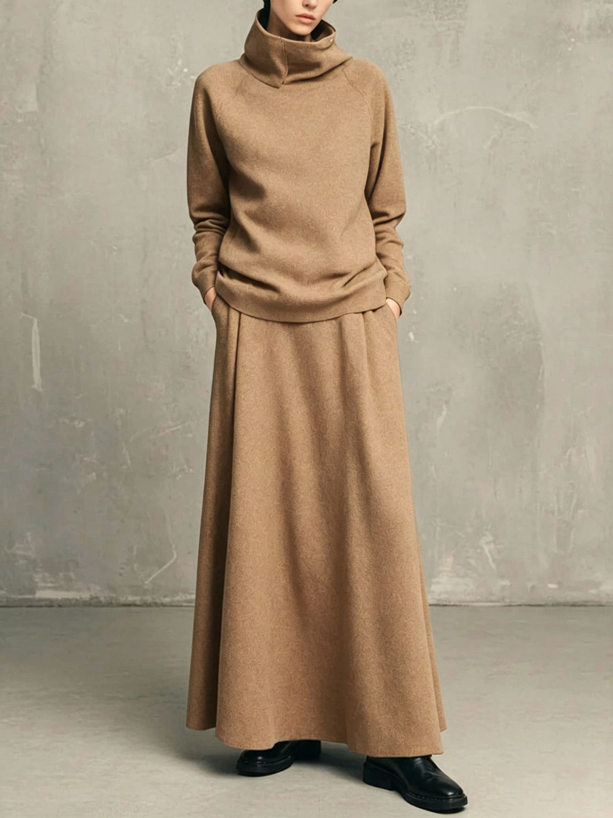 High Cowl Neck Sweatshirt & A-Line Skirt Set