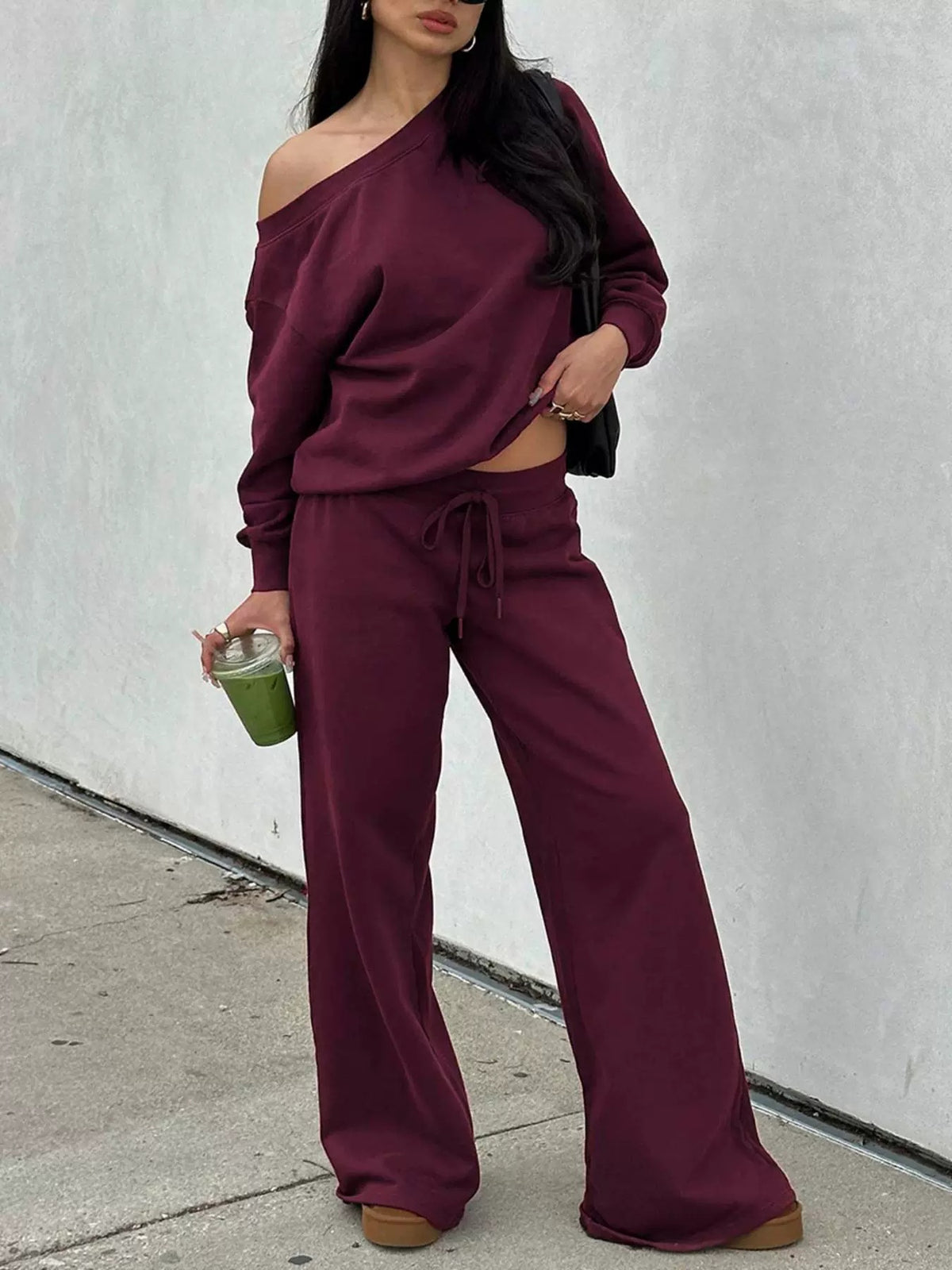 One-Shoulder Sweatshirt & Wide-Leg Pants Set