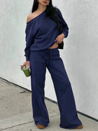 One-Shoulder Sweatshirt & Wide-Leg Pants Set