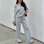 One-Shoulder Sweatshirt & Wide-Leg Pants Set