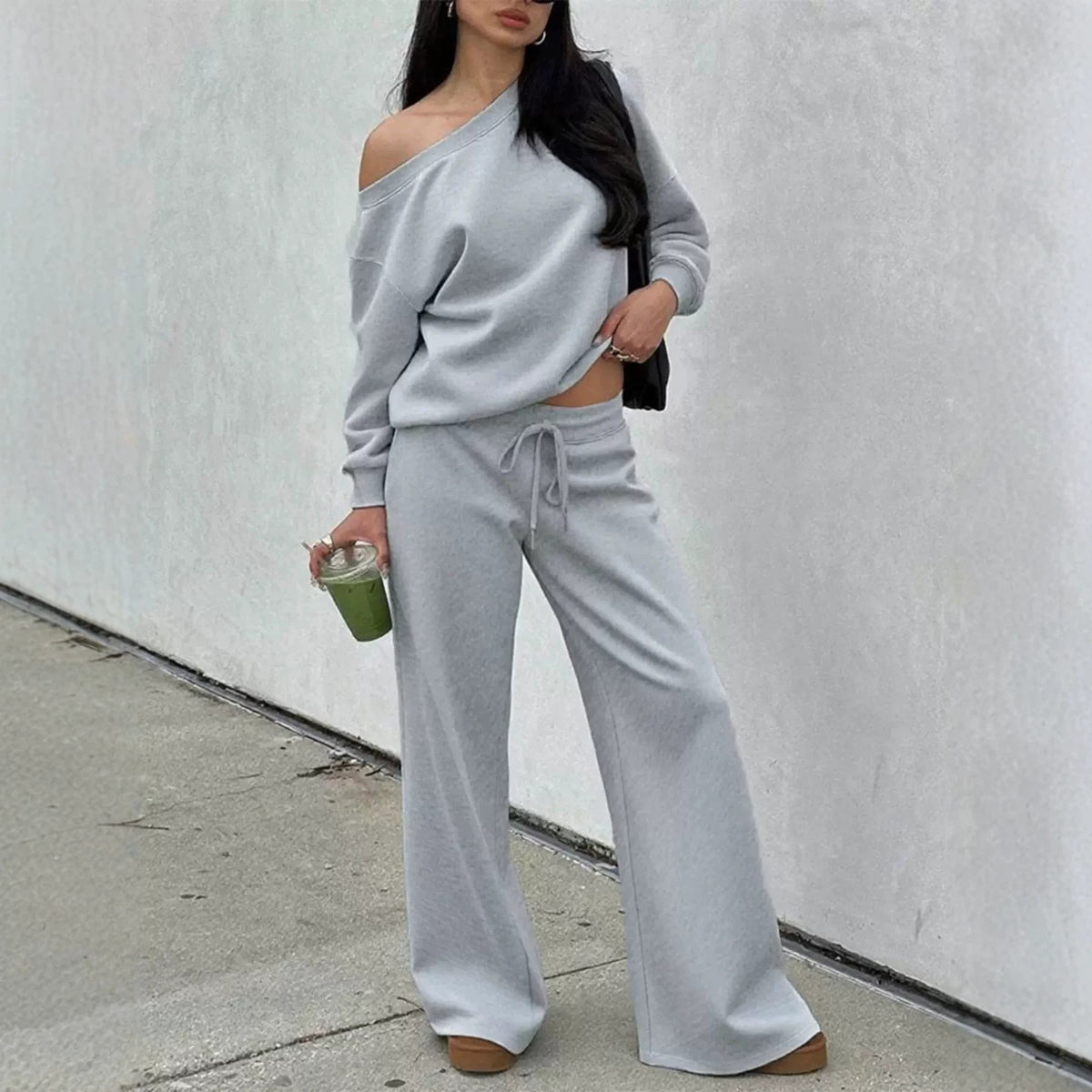 One-Shoulder Sweatshirt & Wide-Leg Pants Set