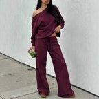 One-Shoulder Sweatshirt & Wide-Leg Pants Set