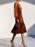 Floral Print Velvet Midi Dress with Sheer Balloon Sleeves