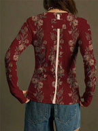 Floral Ribbed Long Sleeve Fitted Top