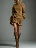 Women's Vintage Loose Suede Turtleneck Mini Dress