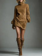 Women's Vintage Loose Suede Turtleneck Mini Dress