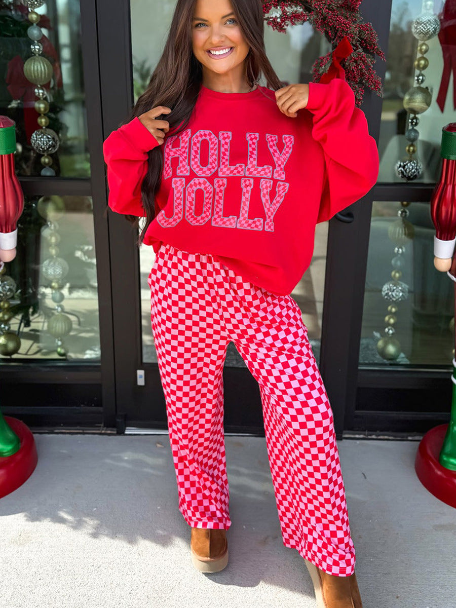 Holiday Graphic Sweatshirt & Checkered Wide-Leg Pants Set
