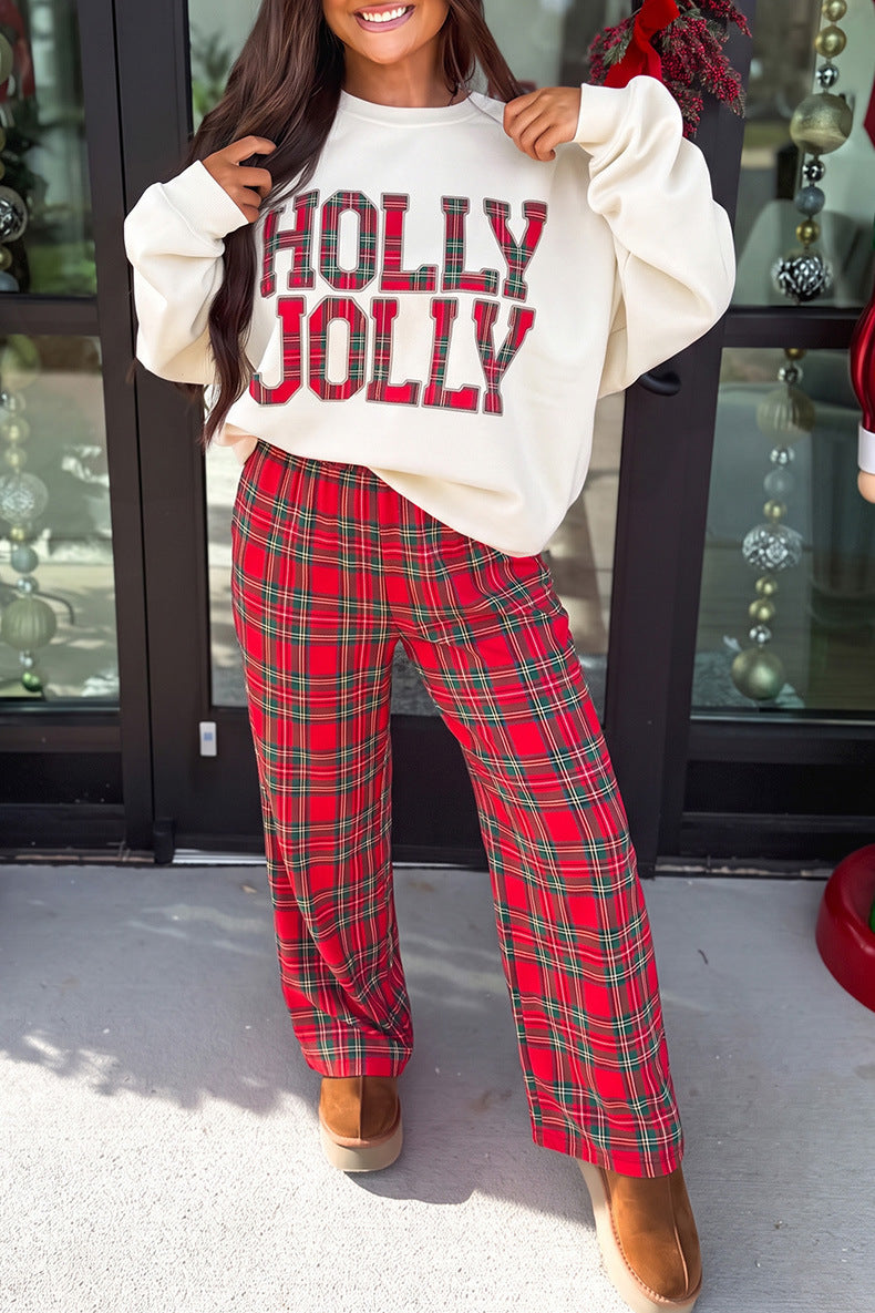 Holiday Graphic Sweatshirt & Checkered Wide-Leg Pants Set