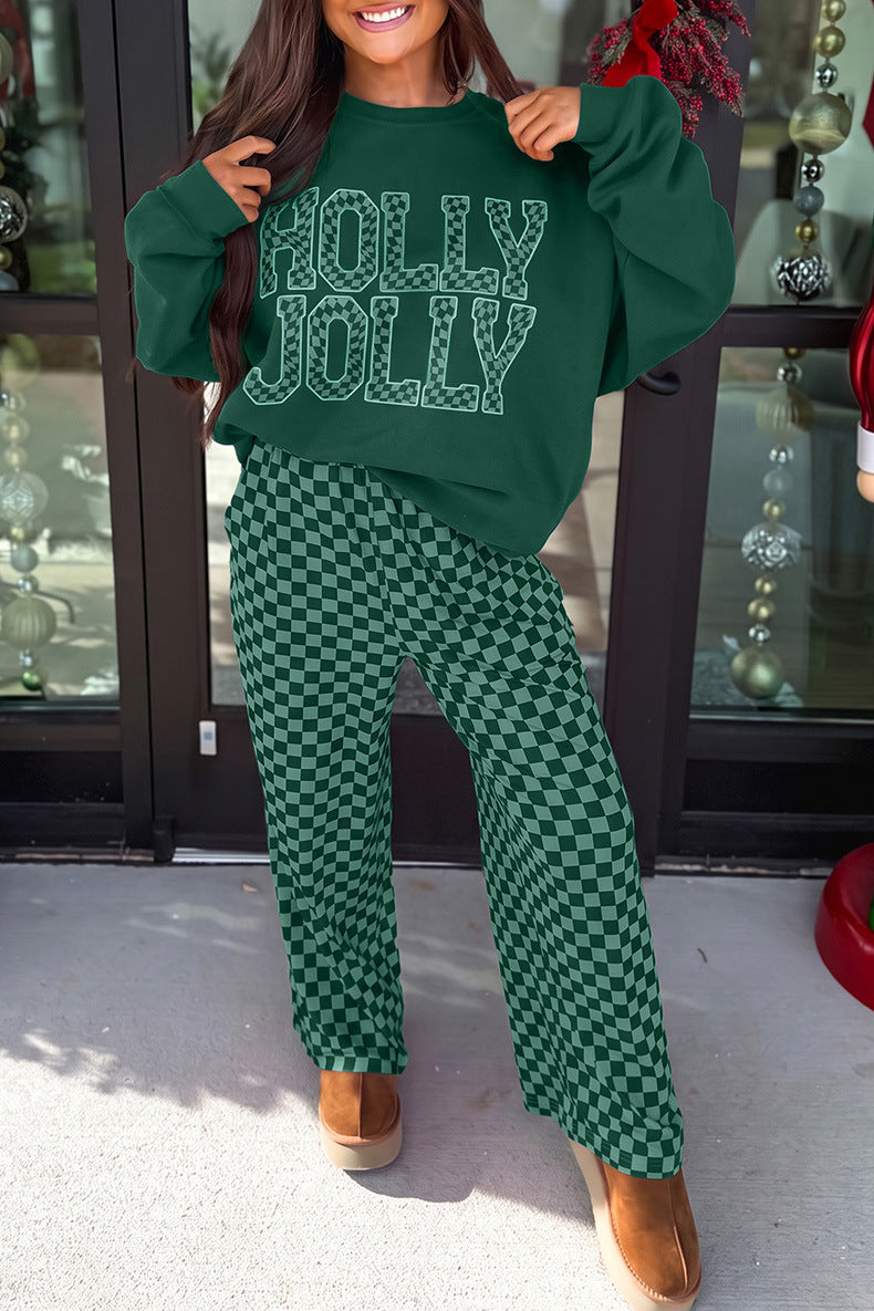 Holiday Graphic Sweatshirt & Checkered Wide-Leg Pants Set