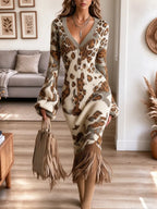 Vintage Chic Leopard V Neck Art Casual Knit Stylish Long Sleeve Dress