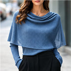 Draped Cowl Neck Cape Overlay Ribbed Knit Long Sleeve Top