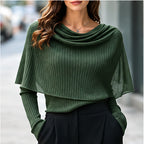 Draped Cowl Neck Cape Overlay Ribbed Knit Long Sleeve Top