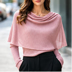 Draped Cowl Neck Cape Overlay Ribbed Knit Long Sleeve Top
