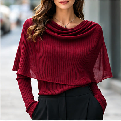 Draped Cowl Neck Cape Overlay Ribbed Knit Long Sleeve Top