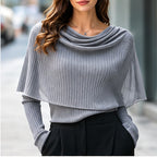 Draped Cowl Neck Cape Overlay Ribbed Knit Long Sleeve Top