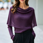 Draped Cowl Neck Cape Overlay Ribbed Knit Long Sleeve Top