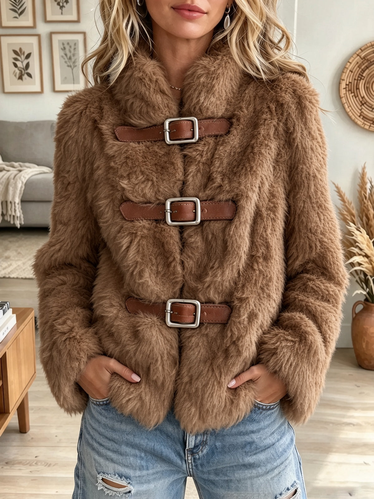 Women's Buckle Strap Fux Fur Short Coat