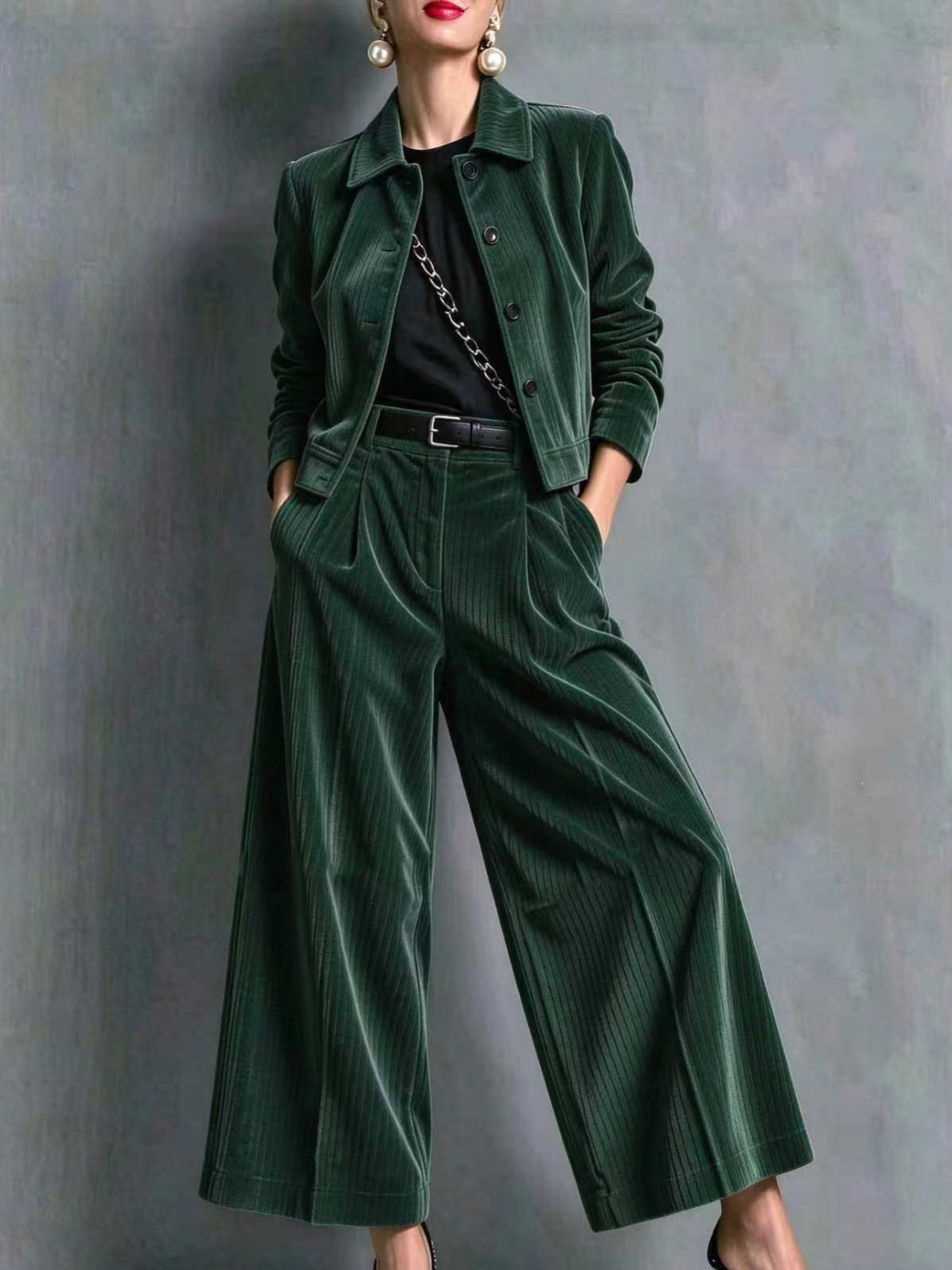 Corduroy Cropped Jacket & Wide-Leg Pants Set