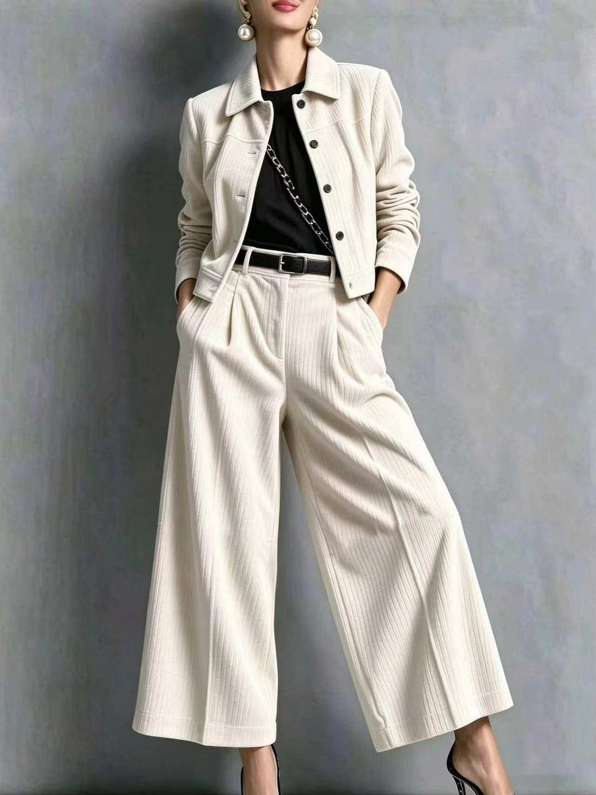 Corduroy Cropped Jacket & Wide-Leg Pants Set