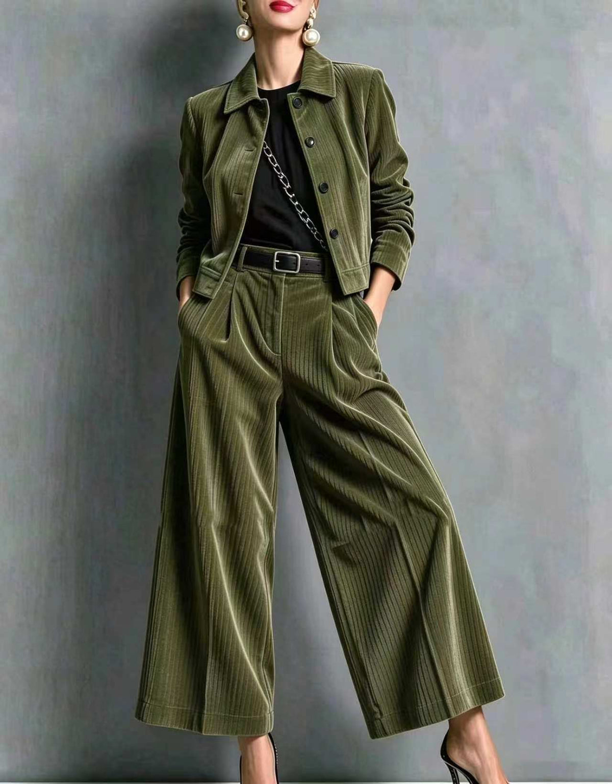 Corduroy Cropped Jacket & Wide-Leg Pants Set