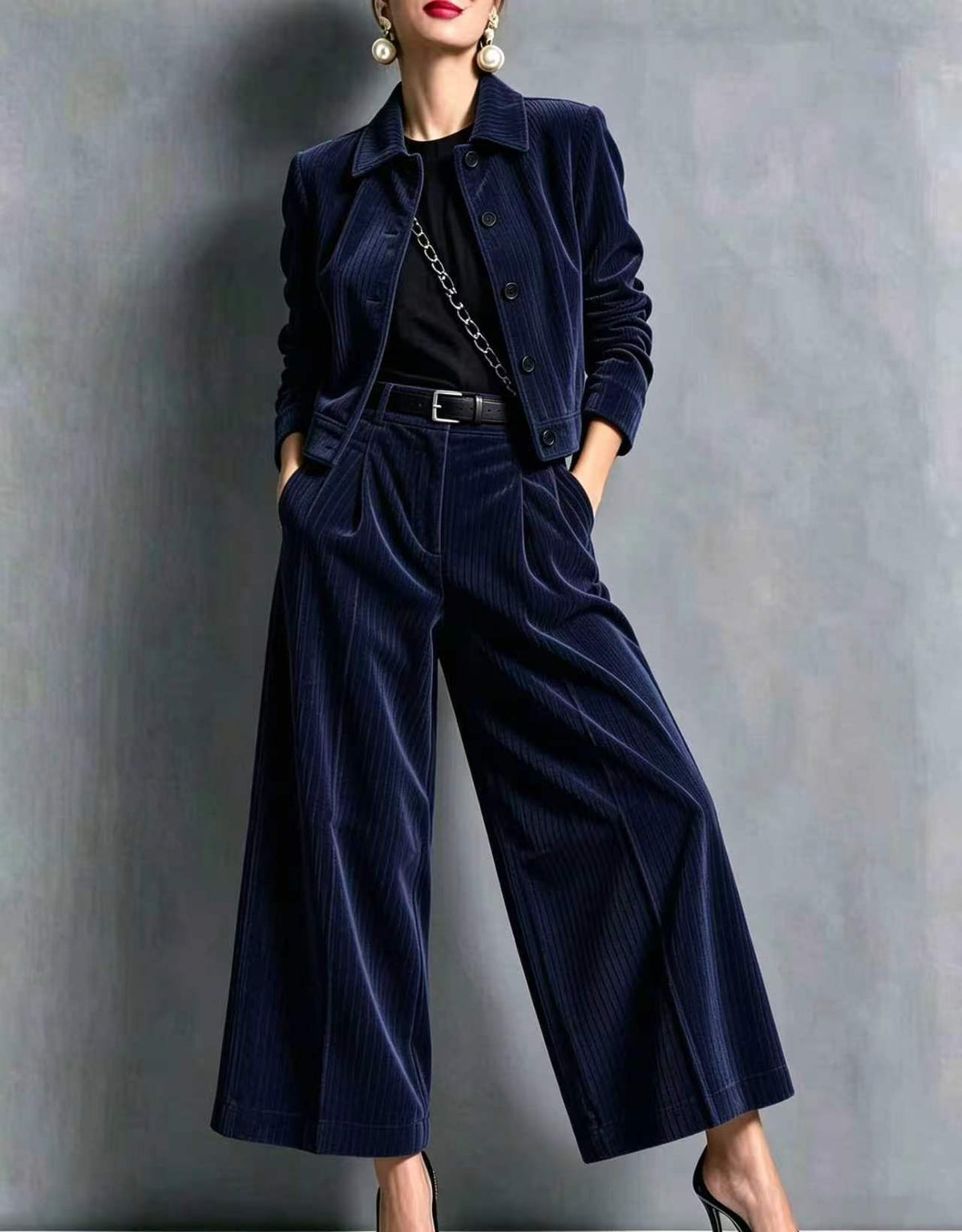 Corduroy Cropped Jacket & Wide-Leg Pants Set