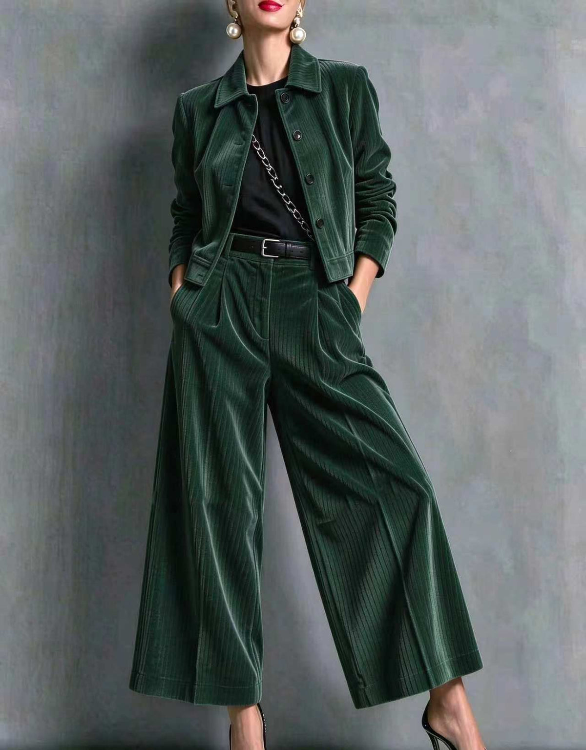 Corduroy Cropped Jacket & Wide-Leg Pants Set