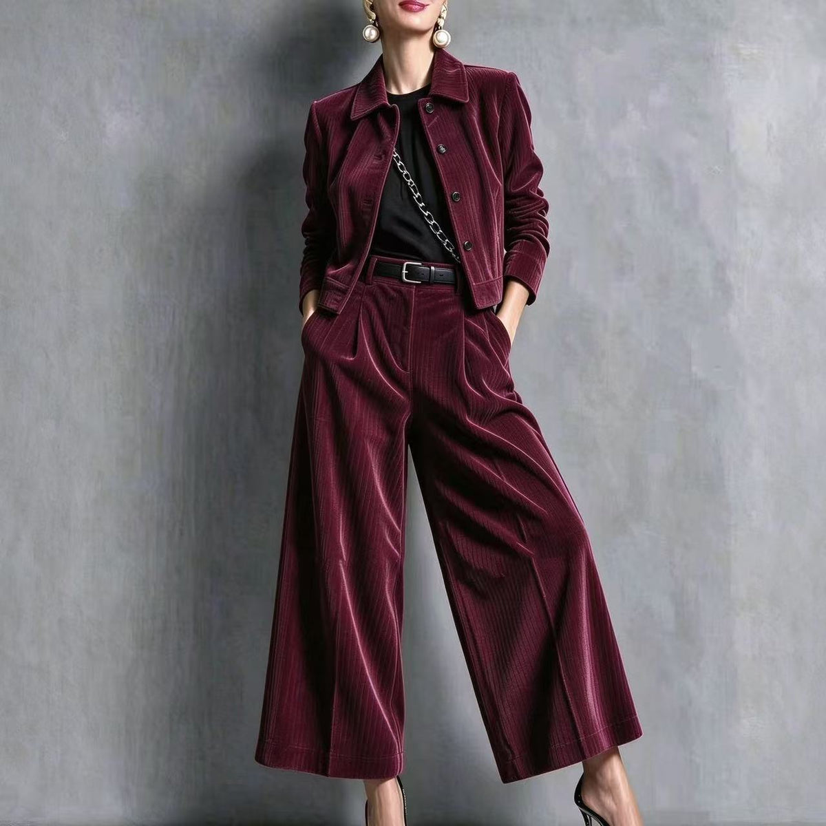 Corduroy Cropped Jacket & Wide-Leg Pants Set