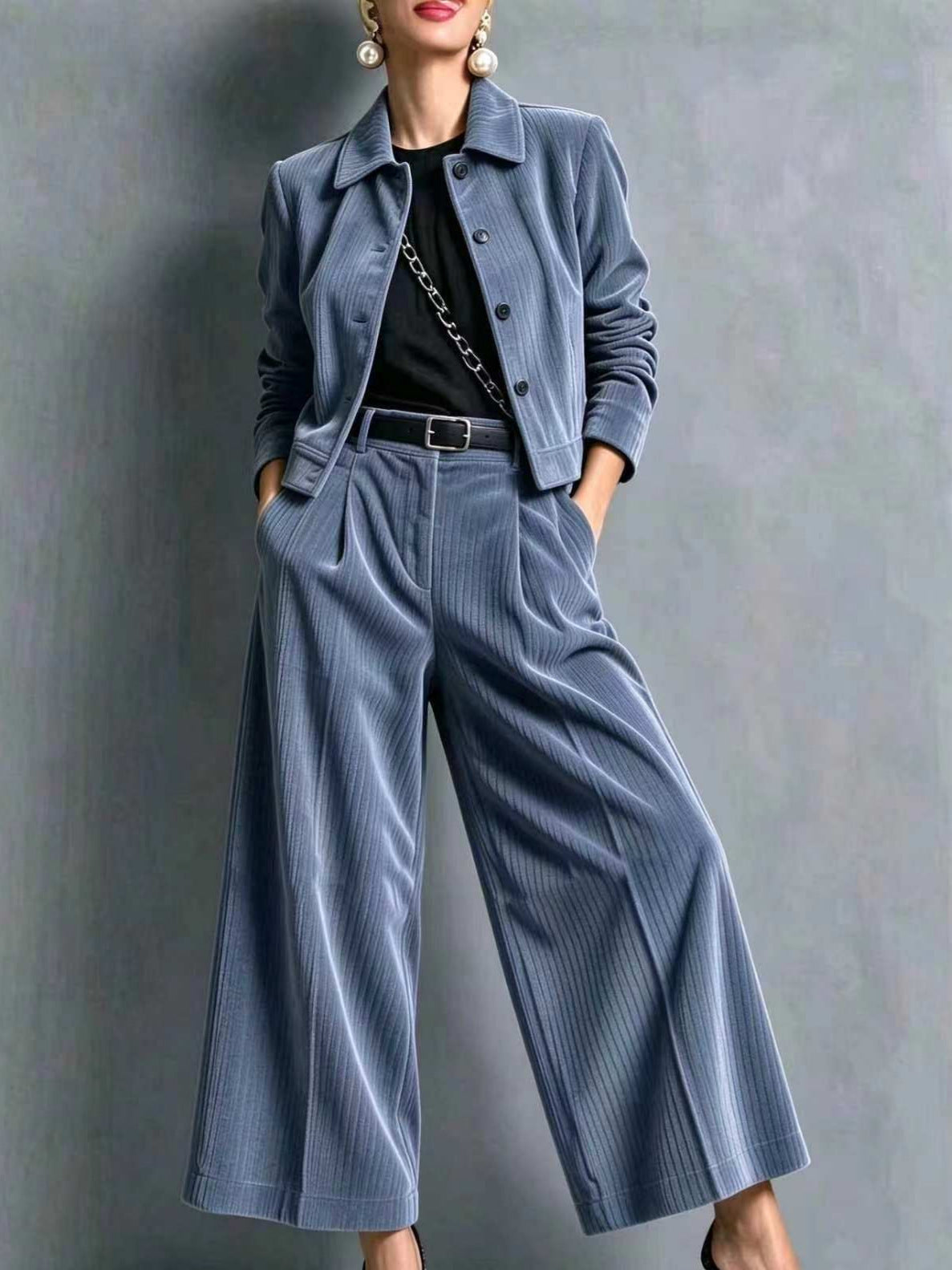 Corduroy Cropped Jacket & Wide-Leg Pants Set