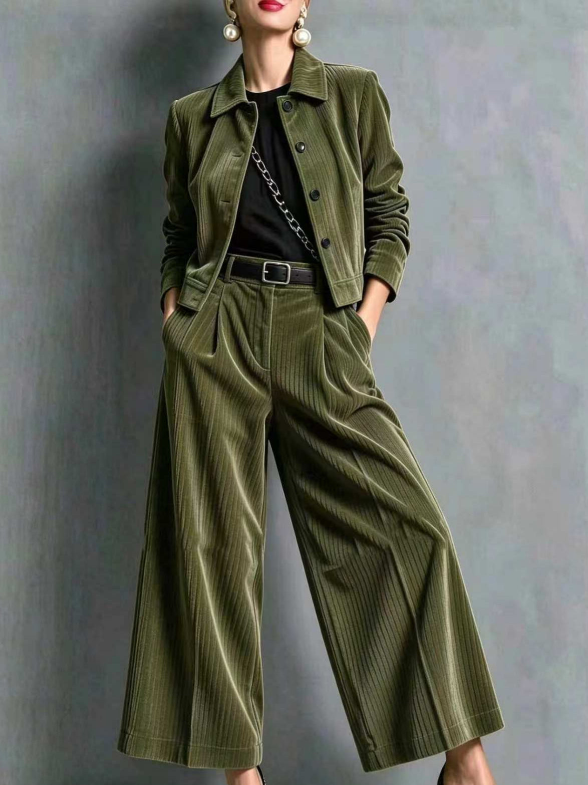 Corduroy Cropped Jacket & Wide-Leg Pants Set