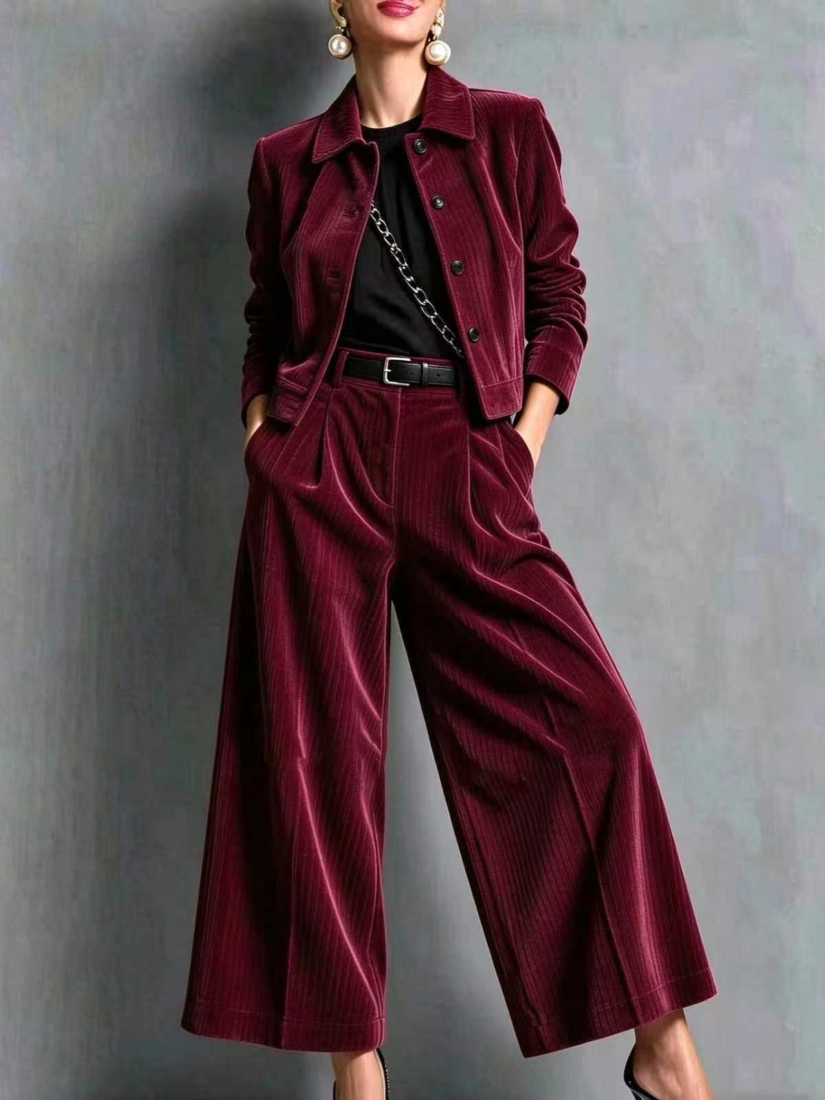 Corduroy Cropped Jacket & Wide-Leg Pants Set
