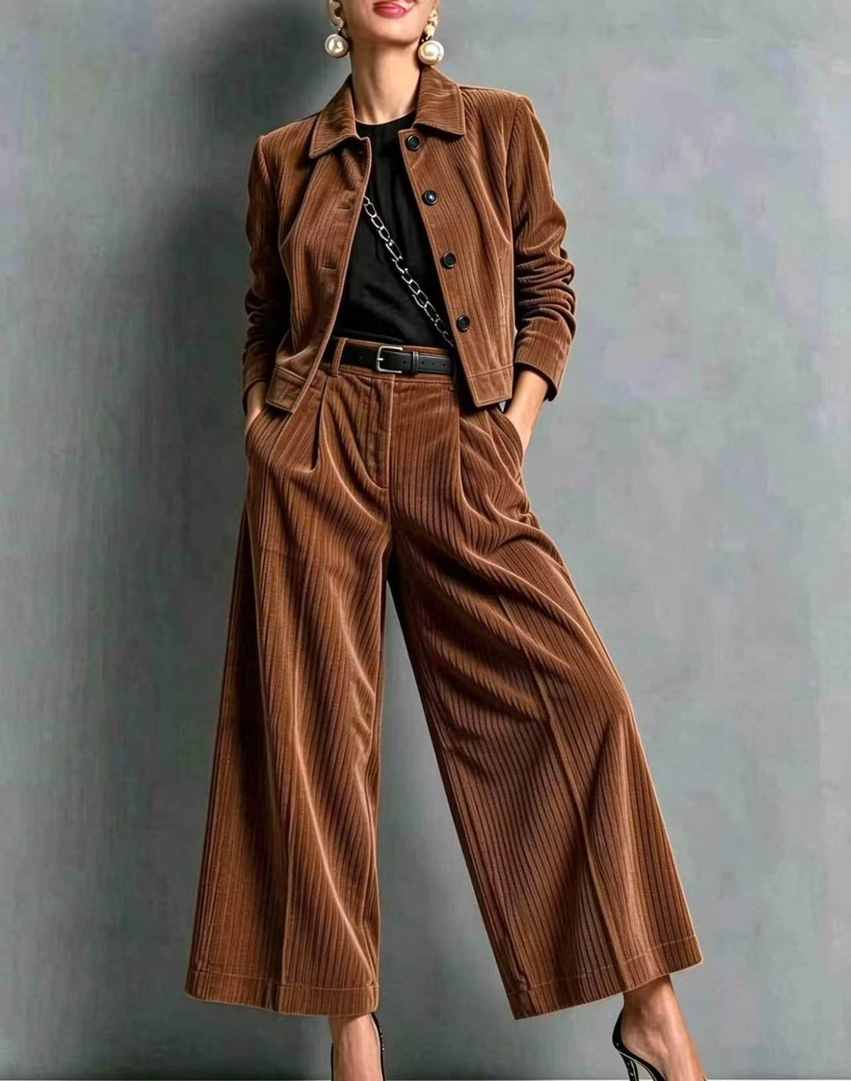 Corduroy Cropped Jacket & Wide-Leg Pants Set
