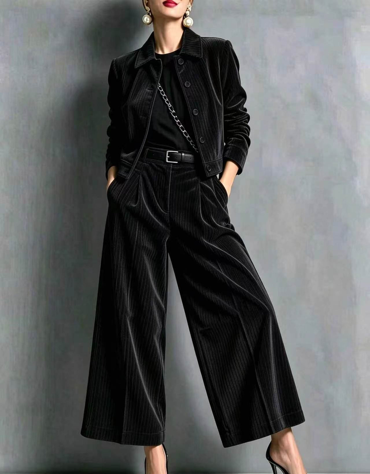Corduroy Cropped Jacket & Wide-Leg Pants Set