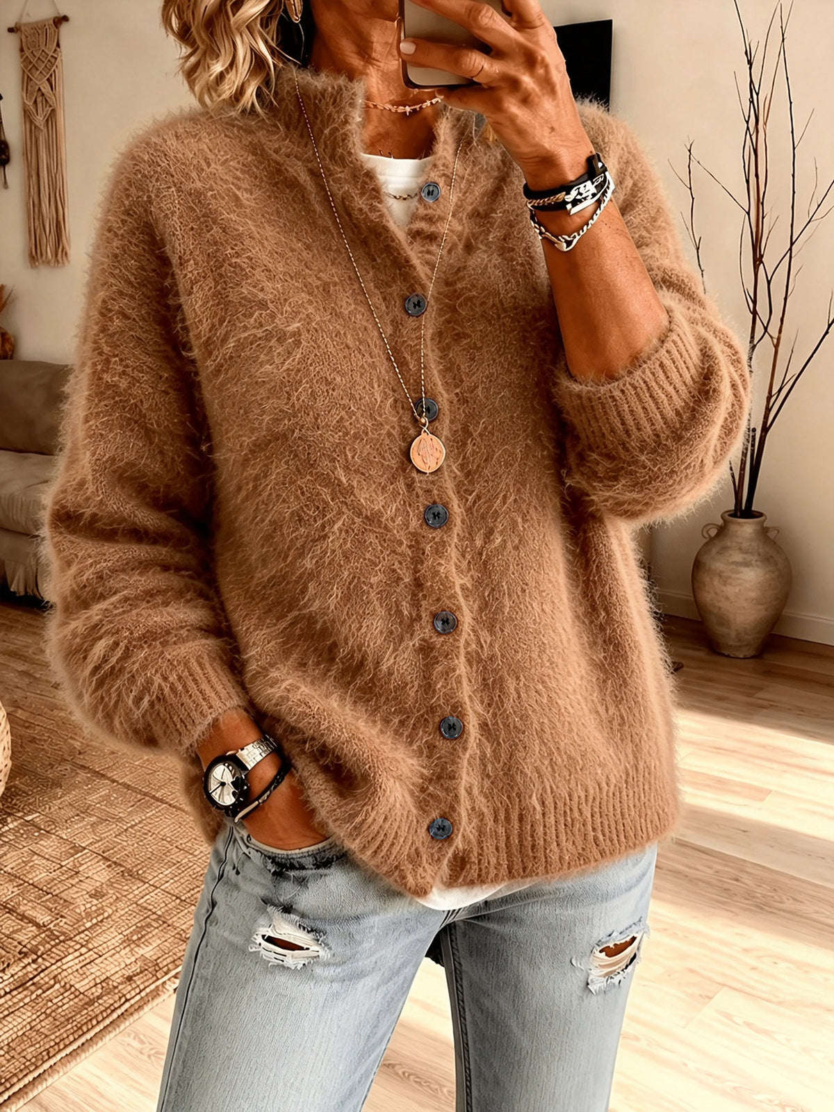 Fuzzy Knit Button-Front Cardigan