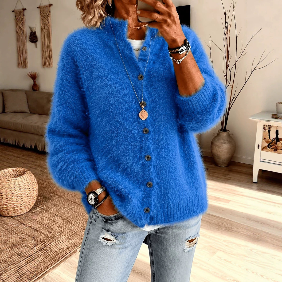 Fuzzy Knit Button-Front Cardigan