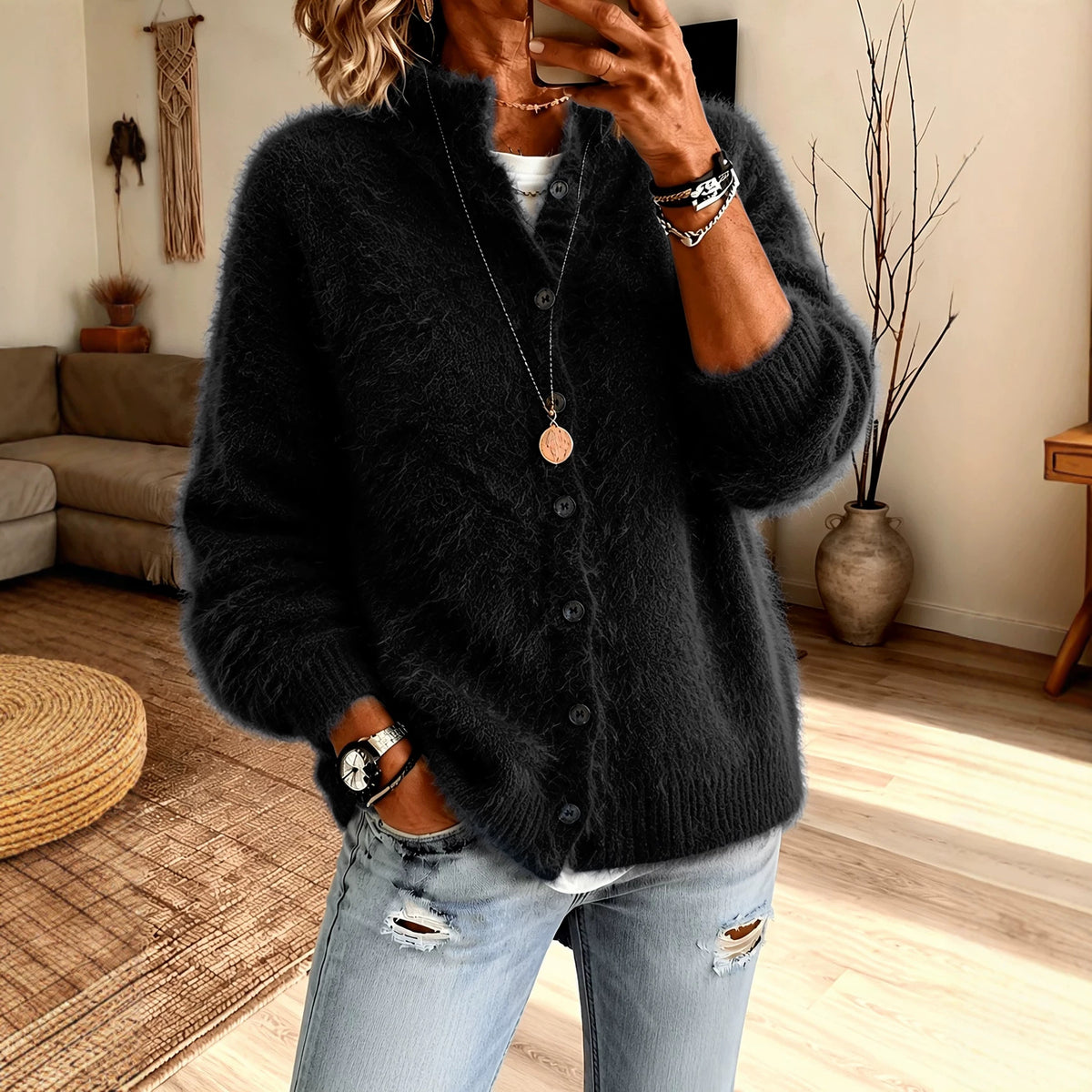 Fuzzy Knit Button-Front Cardigan
