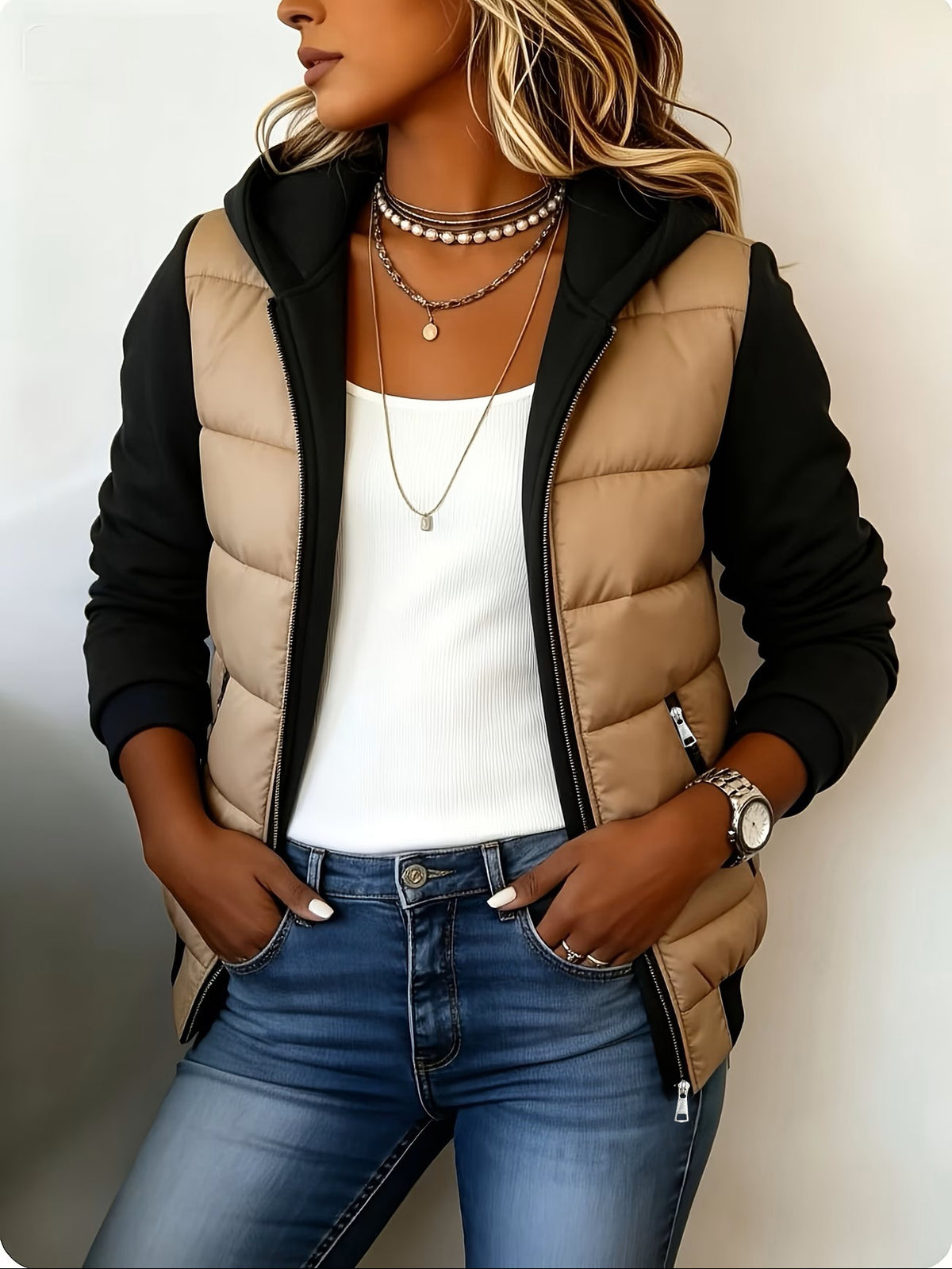 Color Block Hooded Puffer Jacket with Knit Long Sleeves